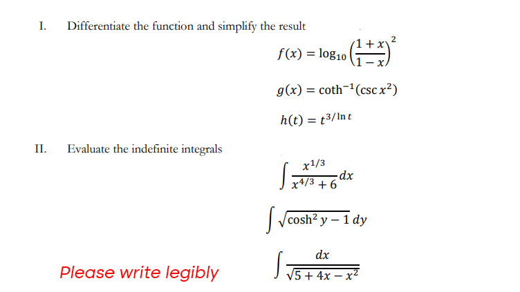 = log10 1 - x g(x) = coth-1(csc x2) h (t) =