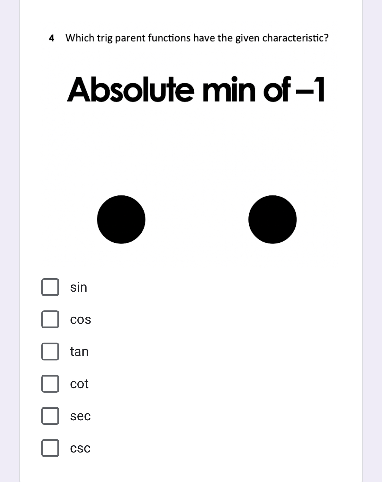 Relative min of 1 sin COS tan cot sec CSC12 Which trig