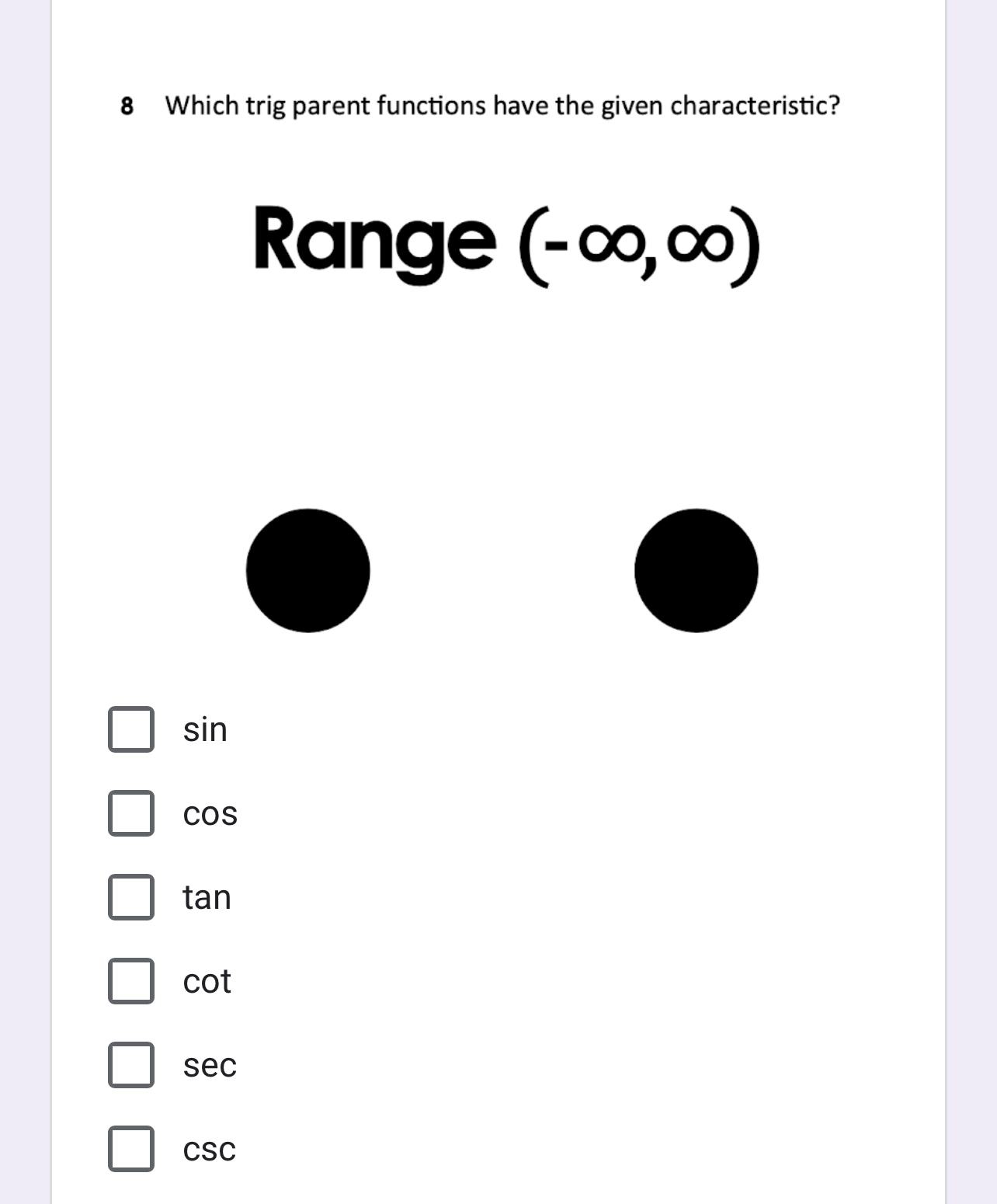 parent functions have the given characteristic? No y-intercept sin COS tan cot