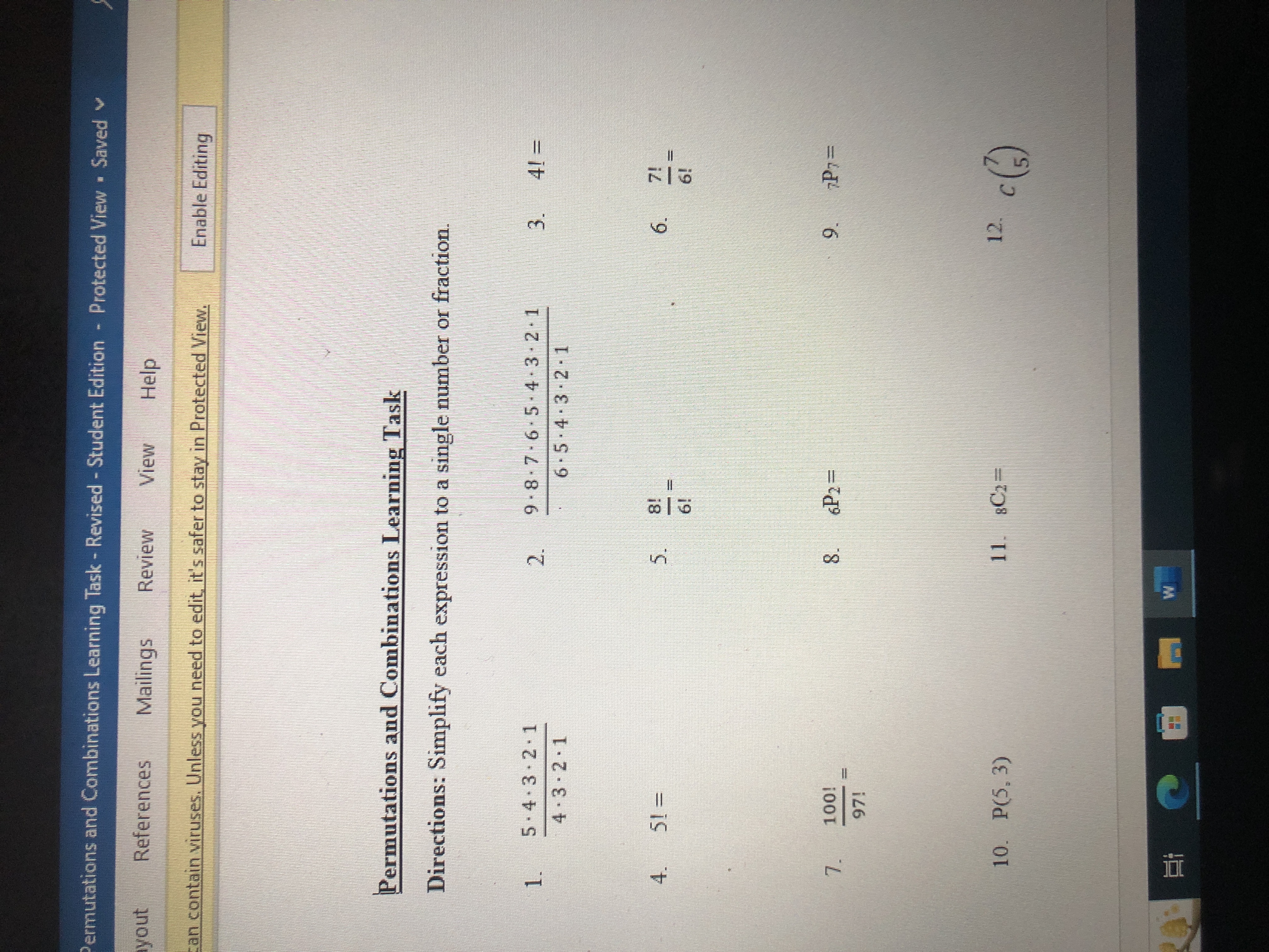  Permutations and Combinations Learning Task - Revised - Student Edition -