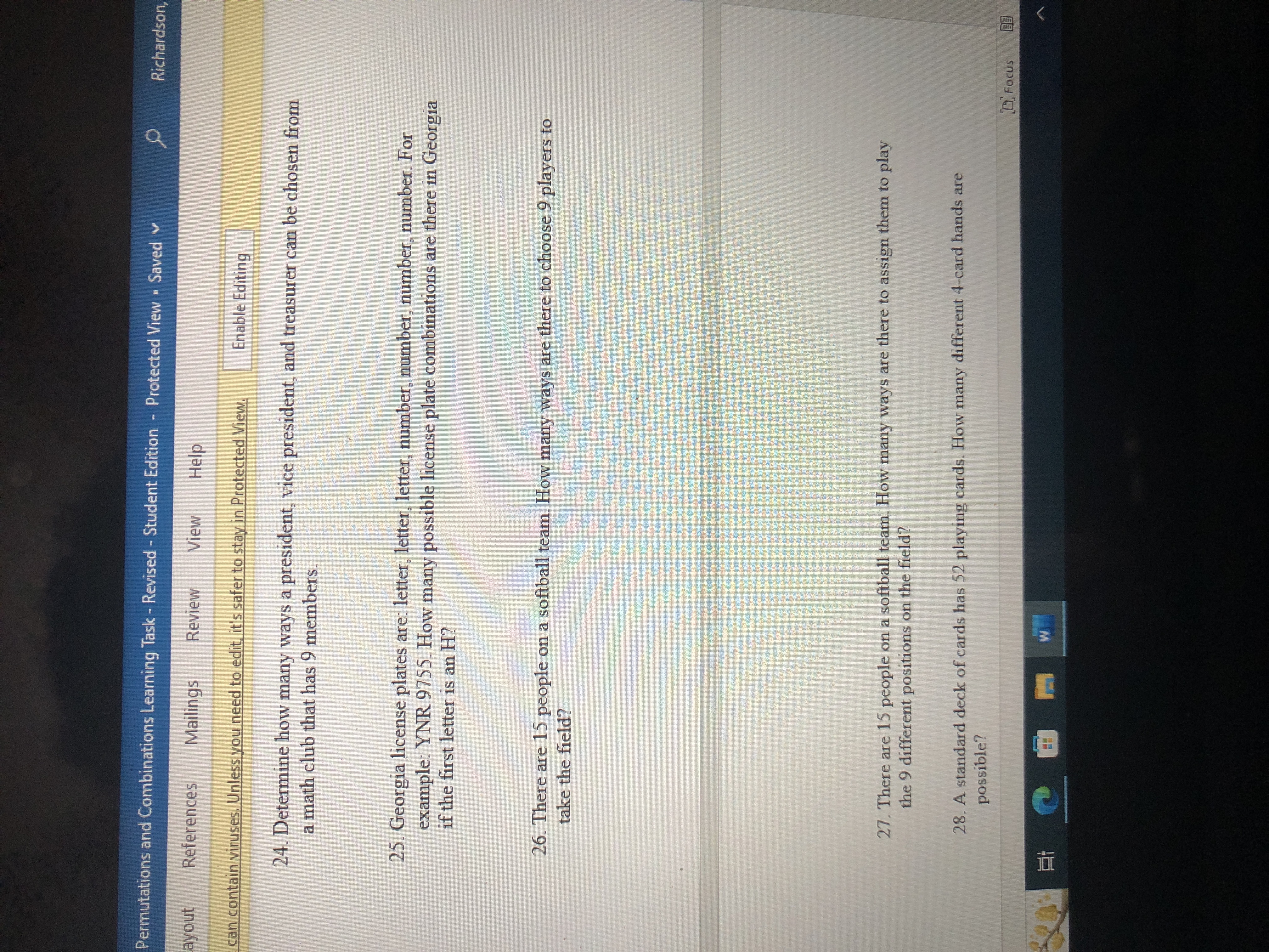 10. P(5, 3) 11. :C2= 12. c (5) Wbutations and Combinations Learning