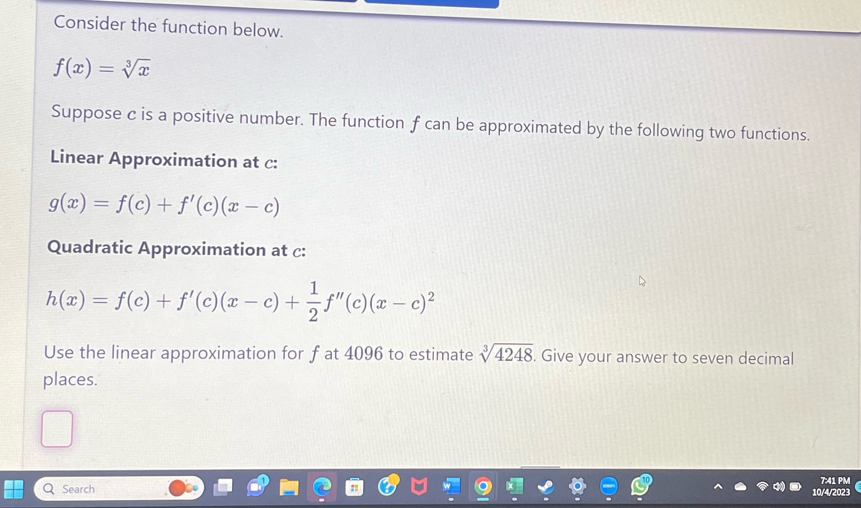 Please help Linear Approximation at c: 9(55) = f(6) + f'(6)(a= -
