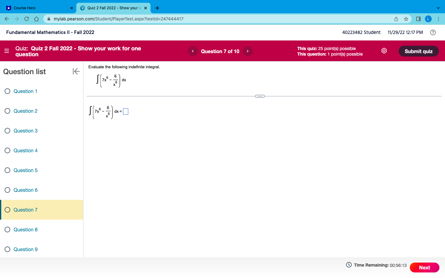 w x + - CD mylab.pearson.com/Student/PlayerTest.aspx?testld=247444417 Fundamental Mathematics II - Fall 2022