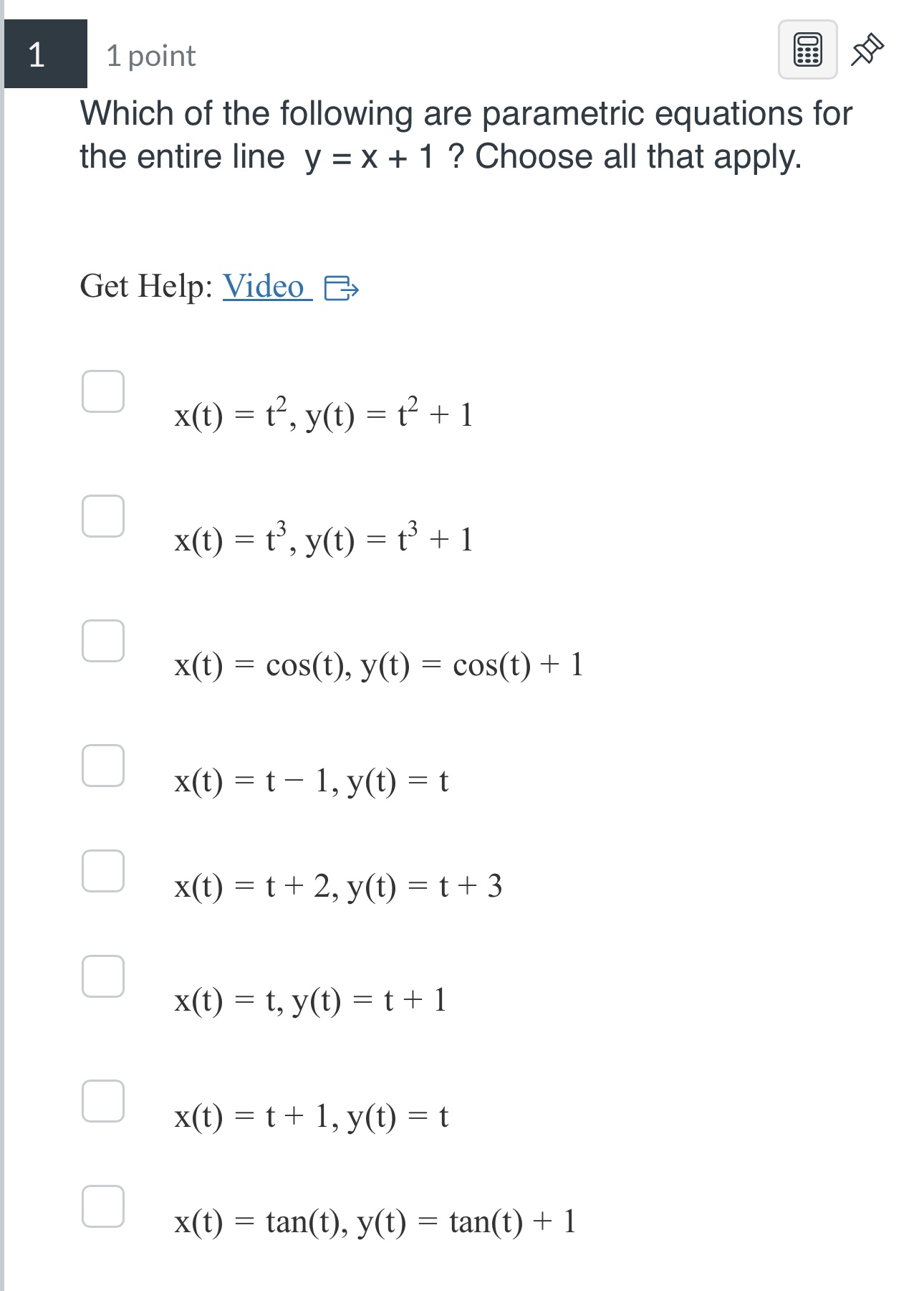 the entire line y = x + 1 ? Choose all that