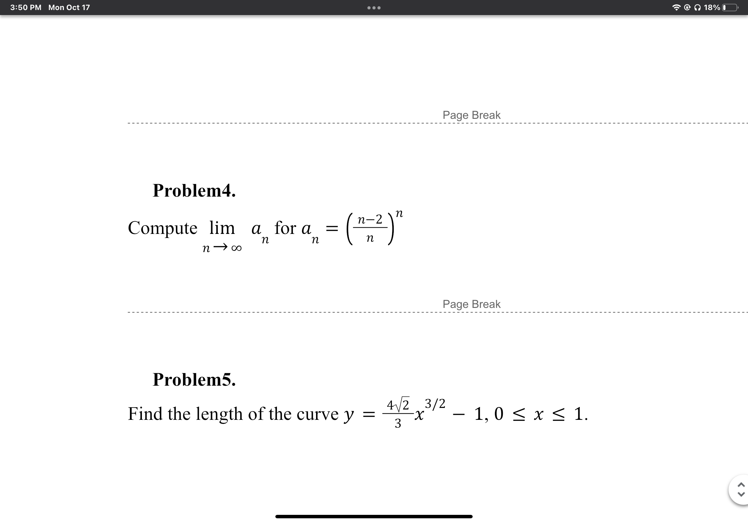 3:50 PM Mon Oct 17 Problem4. Compute lim a n 00 Problems.