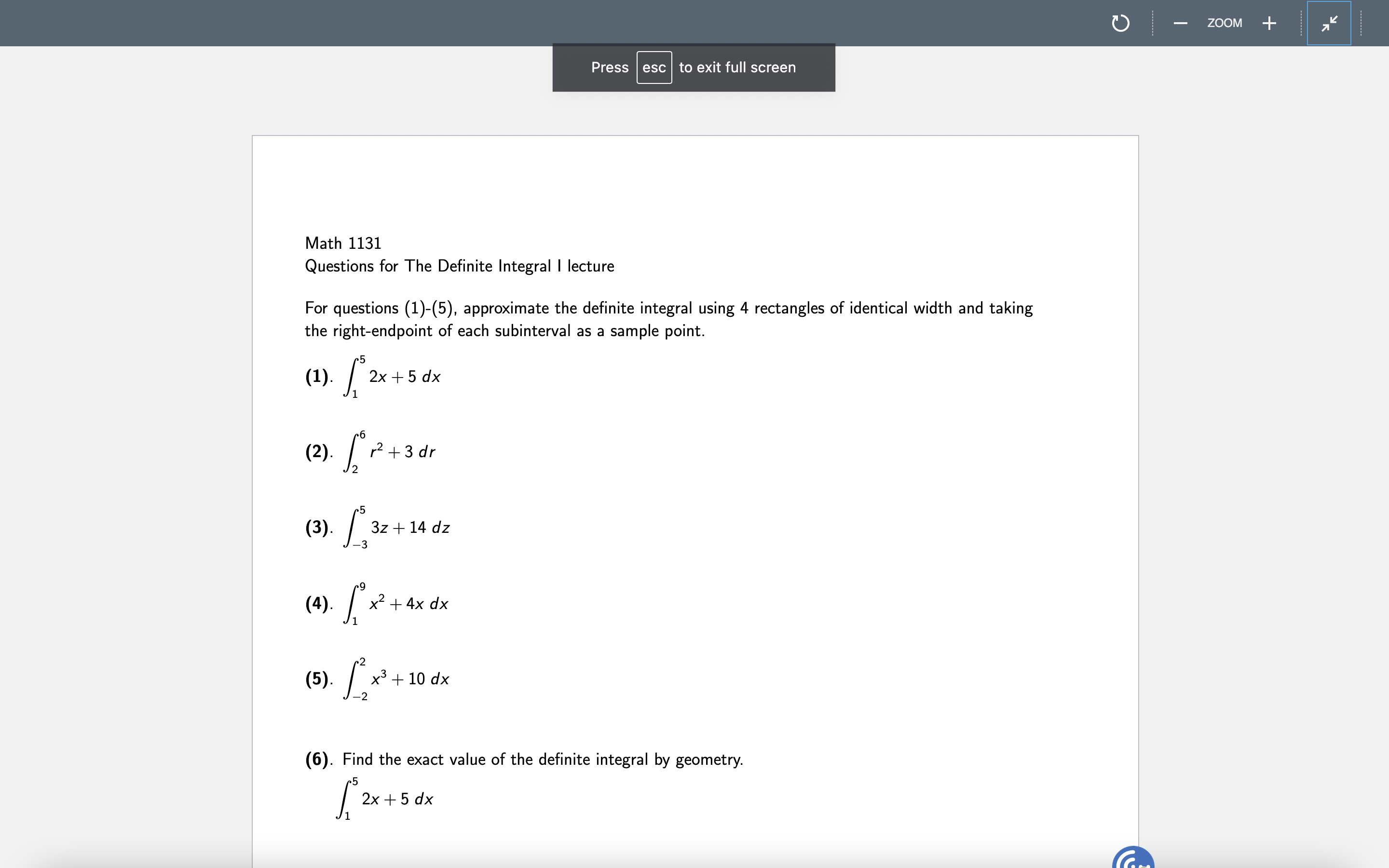 1131 Questions for The Definite Integral | lecture For questions (1)-(5), approximate