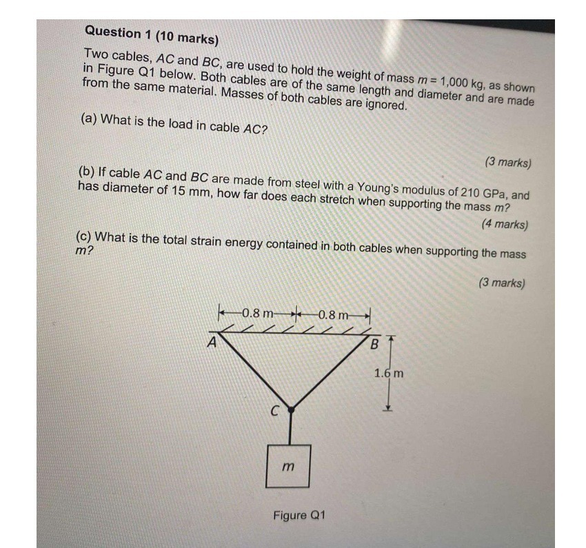  Question 1 (10 marks) Two cables, AC and BC, are used