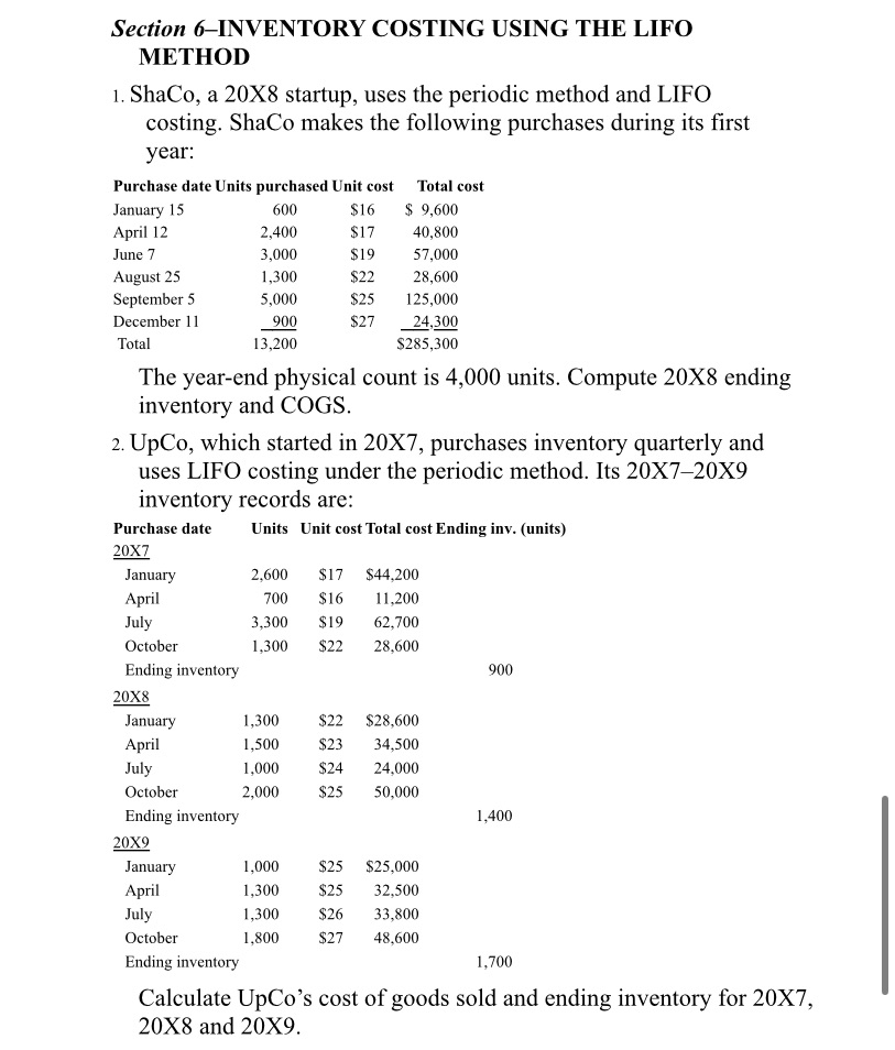  Section 6-INVENTORY COSTING USING THE LIFO METHOD 1. ShaCo, a 20X8