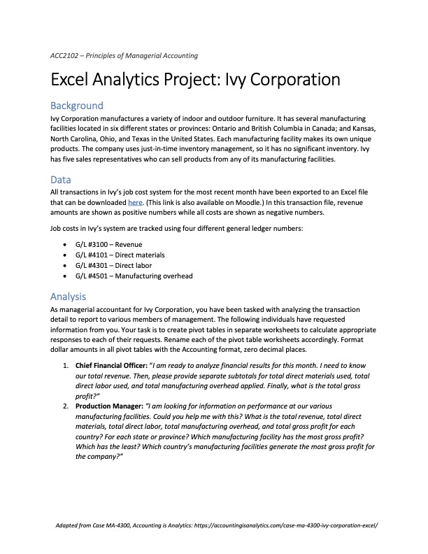 of Managerial Accounting Excel Analytics Project: Ivy Corporation Background Ivy Corporation manufactures