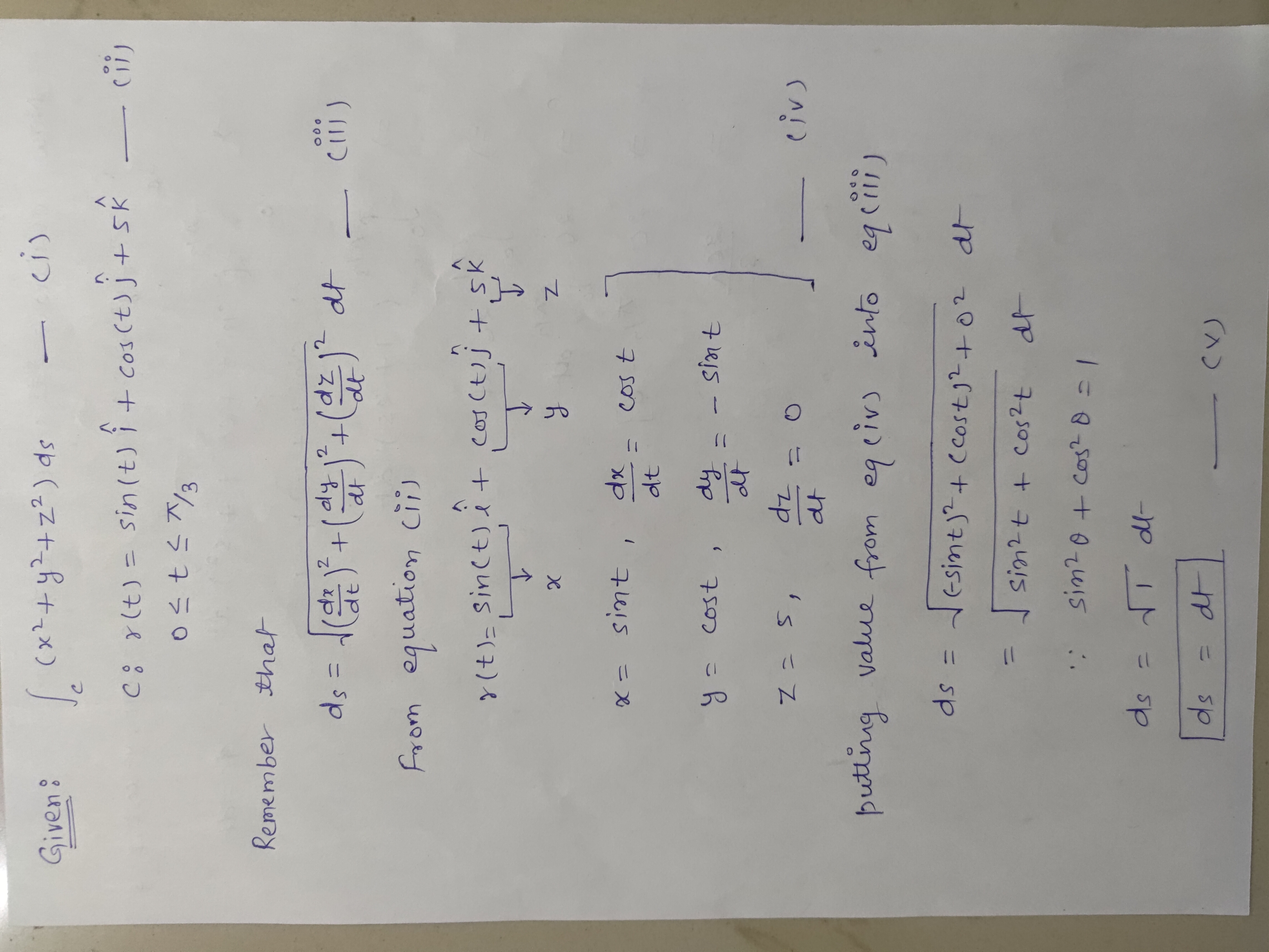22 ds C: r(t) = sin(t)i + cos(t)j + 5k Osts 3Given