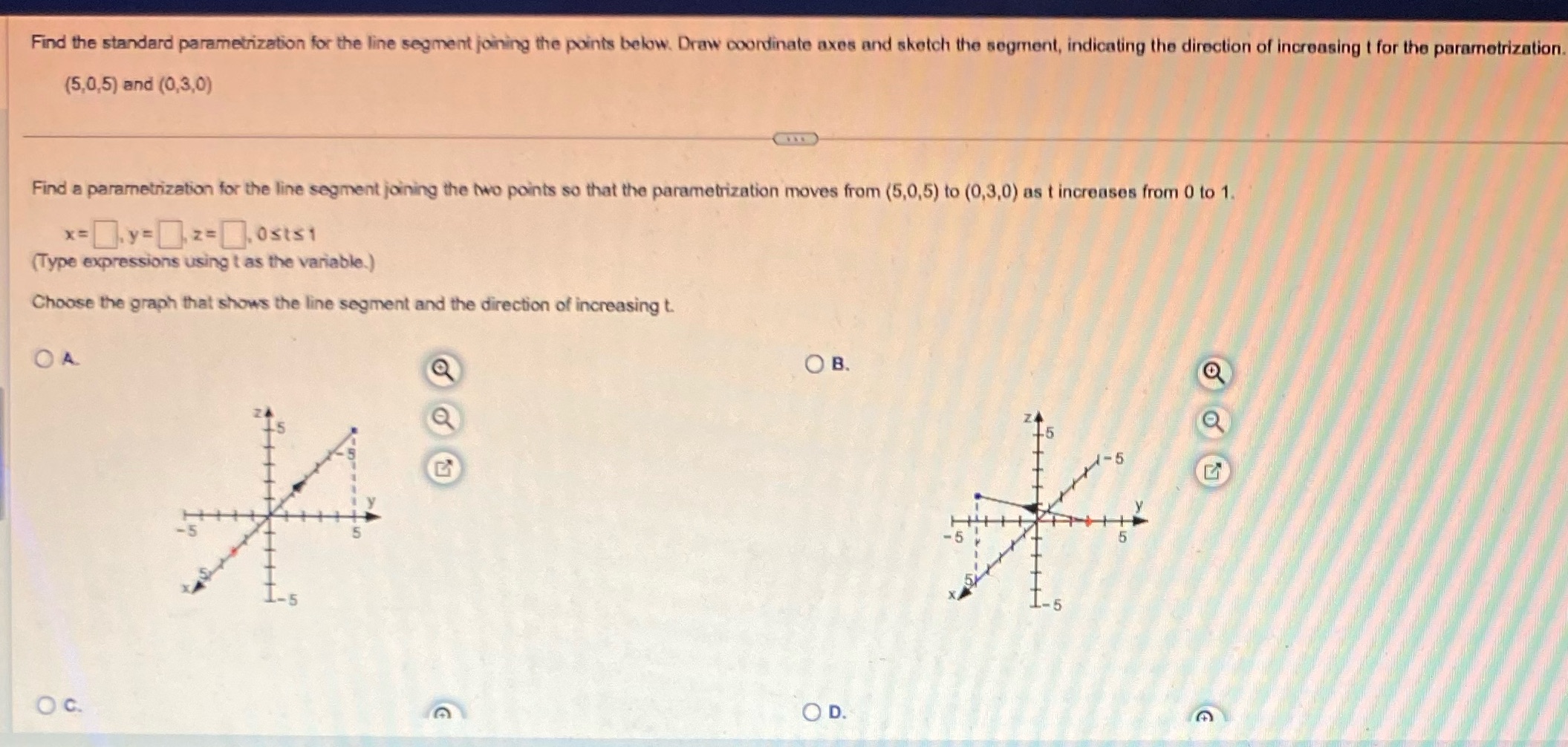  Find the standard parametrization for the line segment joining the points