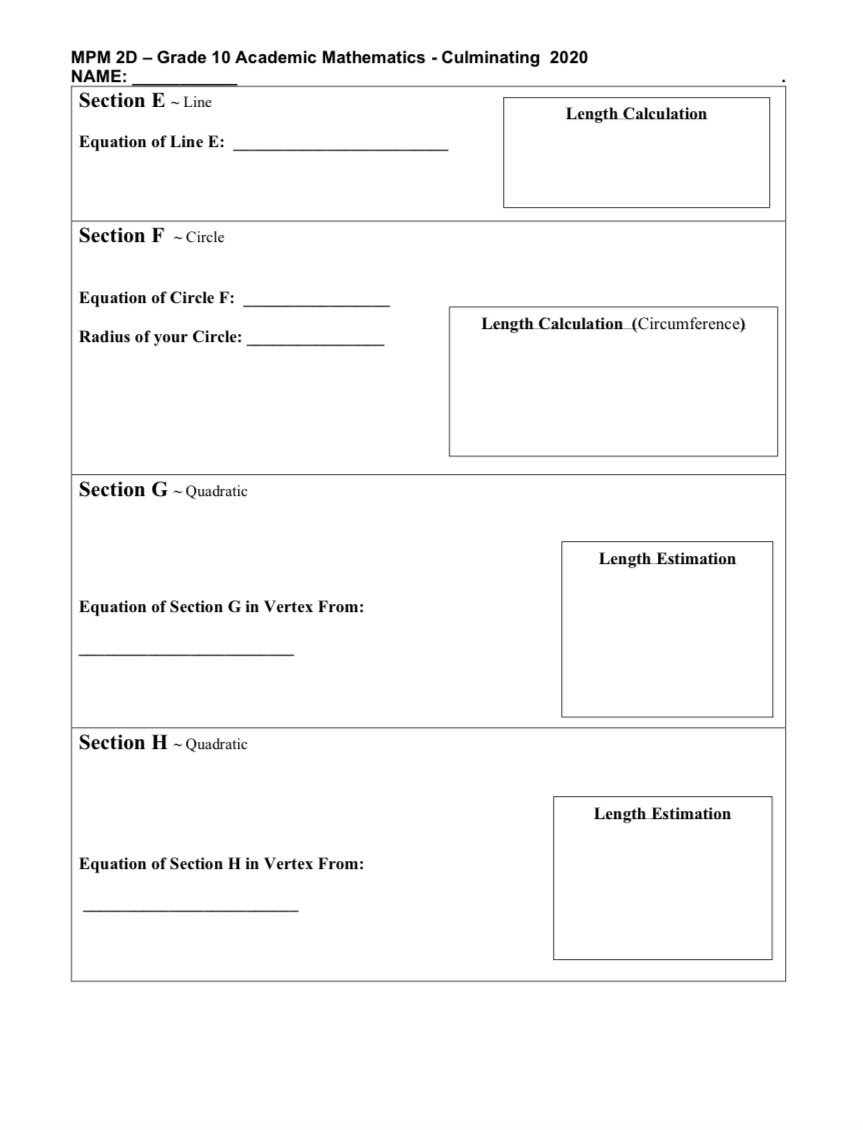 2D Grade 10 Academic Mathematics - Culminating 2020 NAME: Culminating Task: Rollercoaster