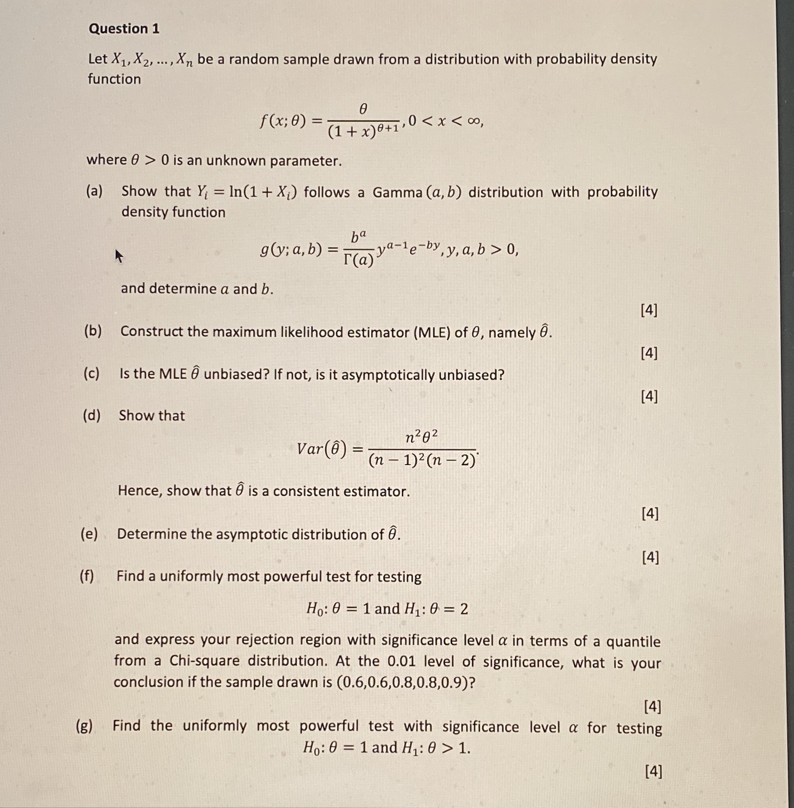 Question 1 Let X1, X2, .., Xn be a random sample