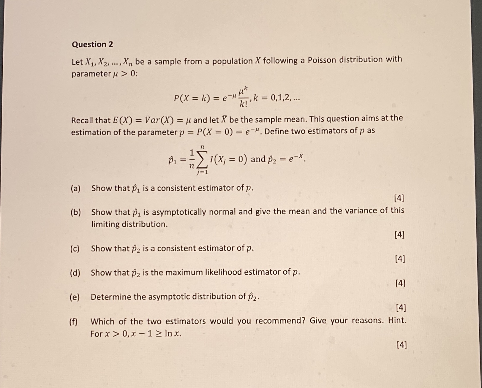 a population X following a Poisson distribution with parameter u > 0: