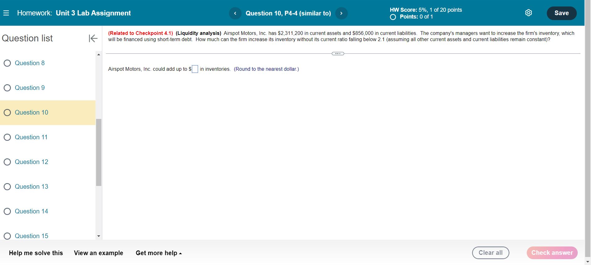 HW Score: 5%, 1 of 20 points Save O Points: 0 of