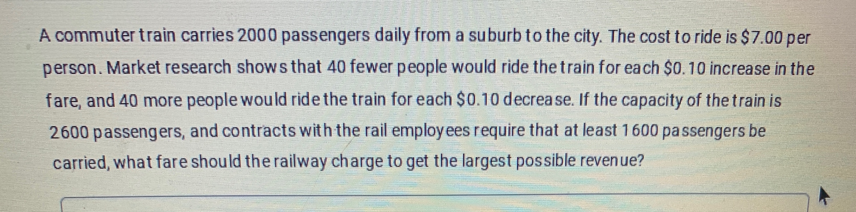 Using optimization from calculus, how can this be solved? A commuter train