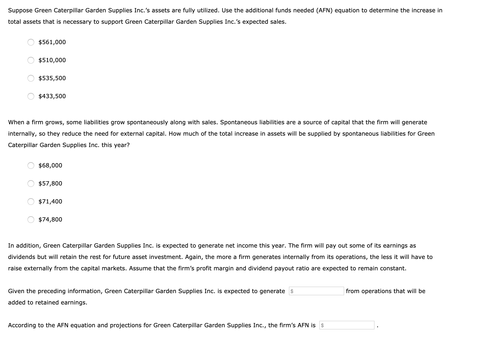 Needed (AFN) equation Green Caterpillar Garden Supplies Inc. has the following end-ofyear