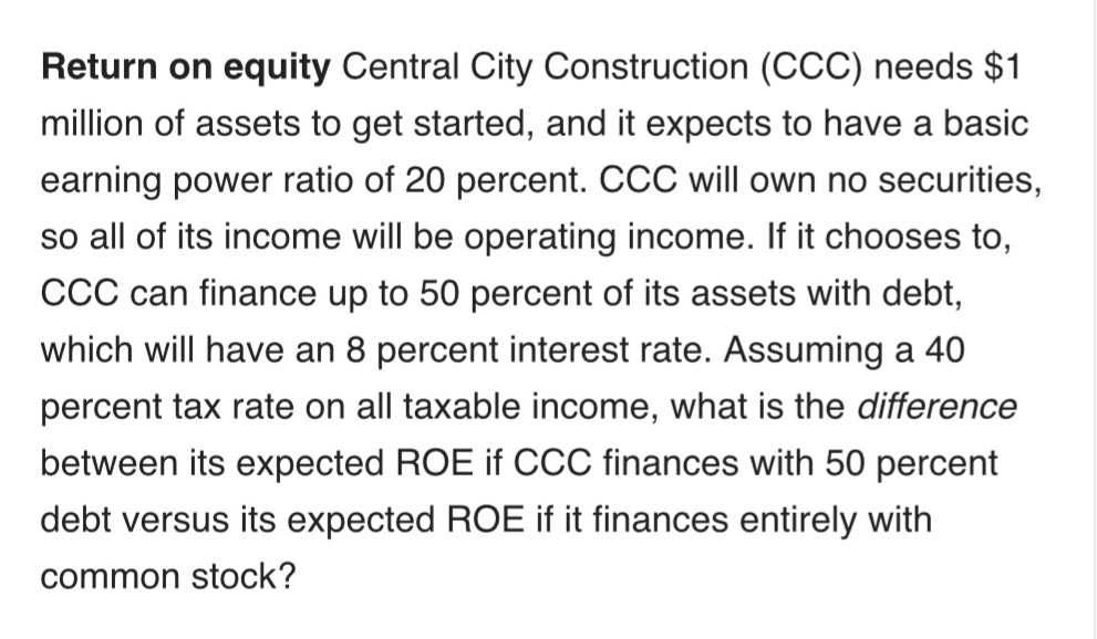 Return on equity Central City Construction (CCC) needs $1 million of