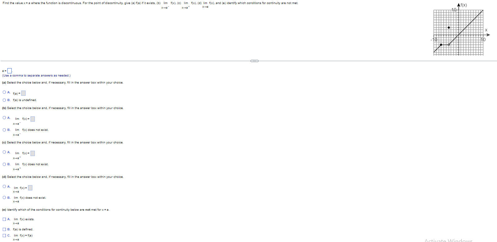 Find the value x = a where the function is discontinuous.