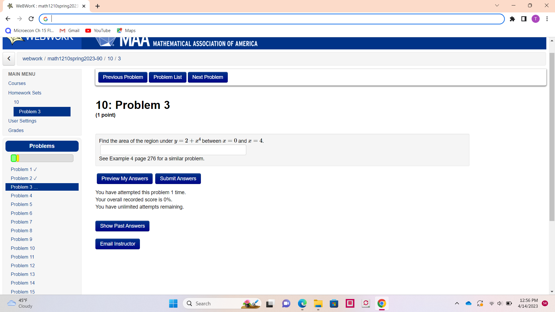  X WeBWork : math 1210spring2023 x + > C G *