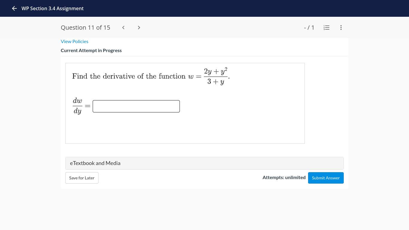 ... View Policies Current Attempt in Progress 6ex Find the derivative of