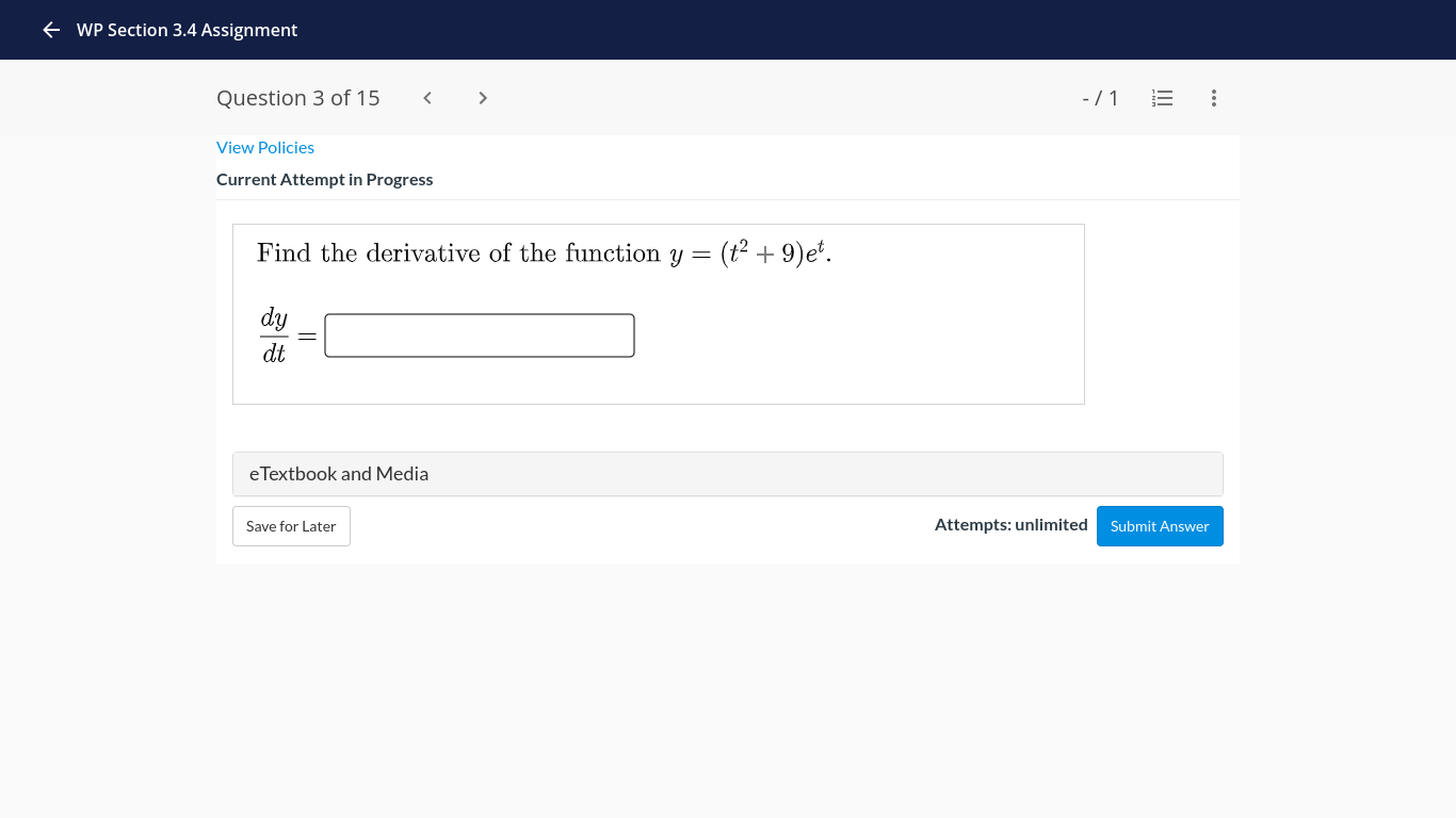 = e Textbook and Media Save for Later Attempts: unlimited Submit Answer-