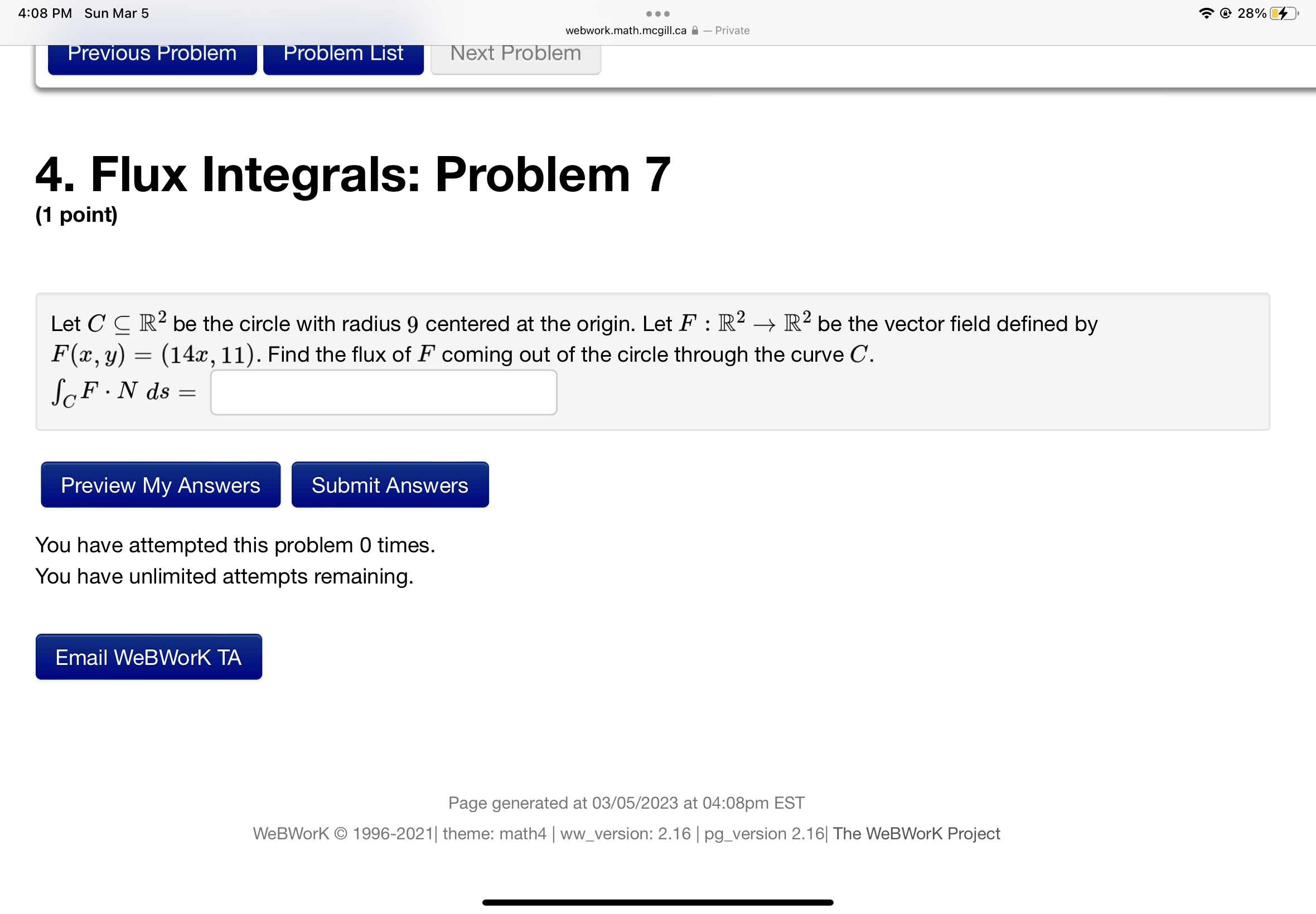 A - Private Previous Problem Problem List Next Problem 4. Flux Integrals: