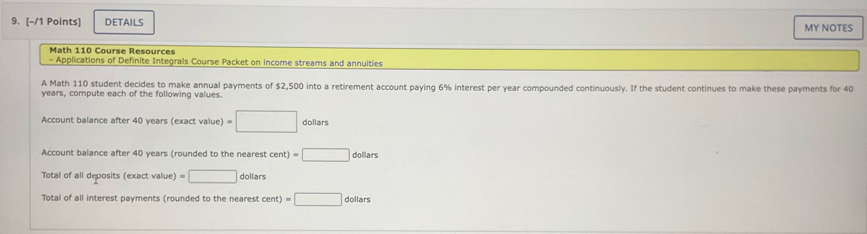  9. [-/1 Points] DETAILS MY NOTES Math 110 Course Resources -