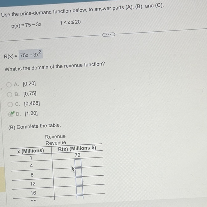  Use the price-demand function below, to answer parts (A), (B), and