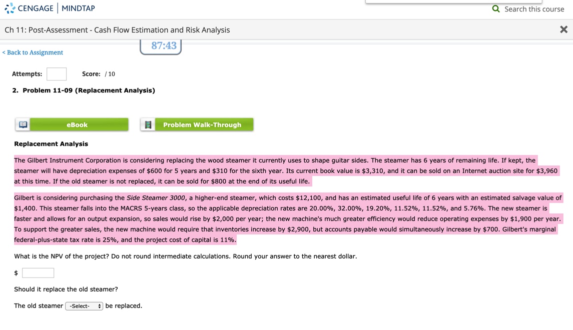 CENGAGE I MINDTAP Ch 11: Post-Assessment - Cash Flow Estimation and Risk