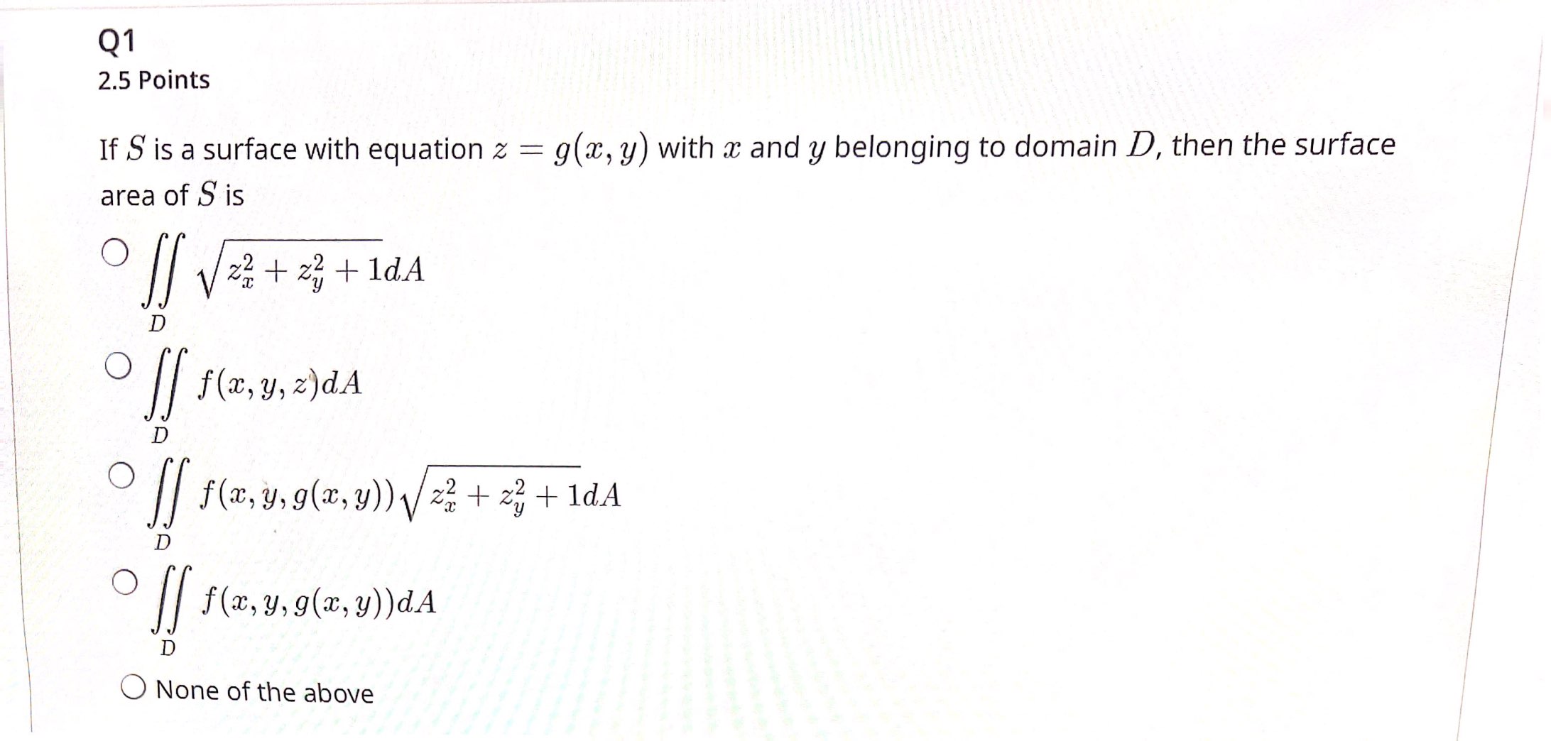 y)) 23 + z + 1dA D O f(x, y, g(x, y)