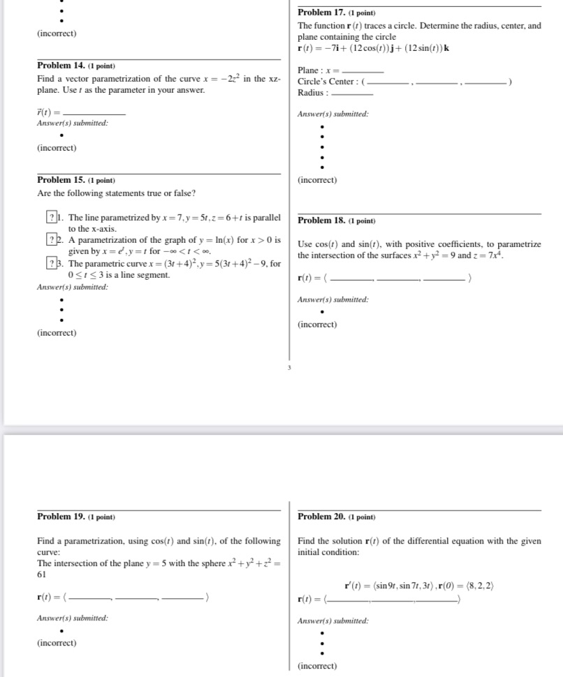 Answers only please Problem 17. (1 point) The function r (f) traces
