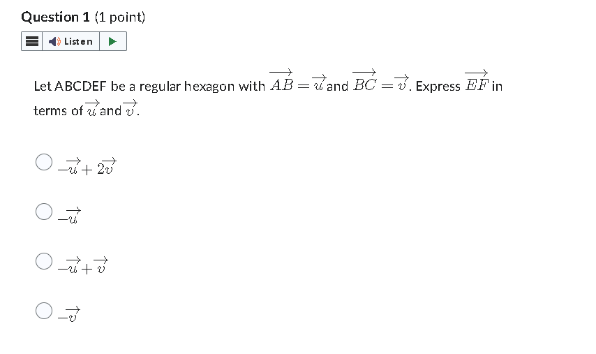  Question 1 (1 point) Listen Let ABCDEF be a regular hexagon