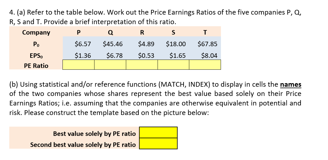 Use Excel functions to answer the question, show the steps 4. (a)
