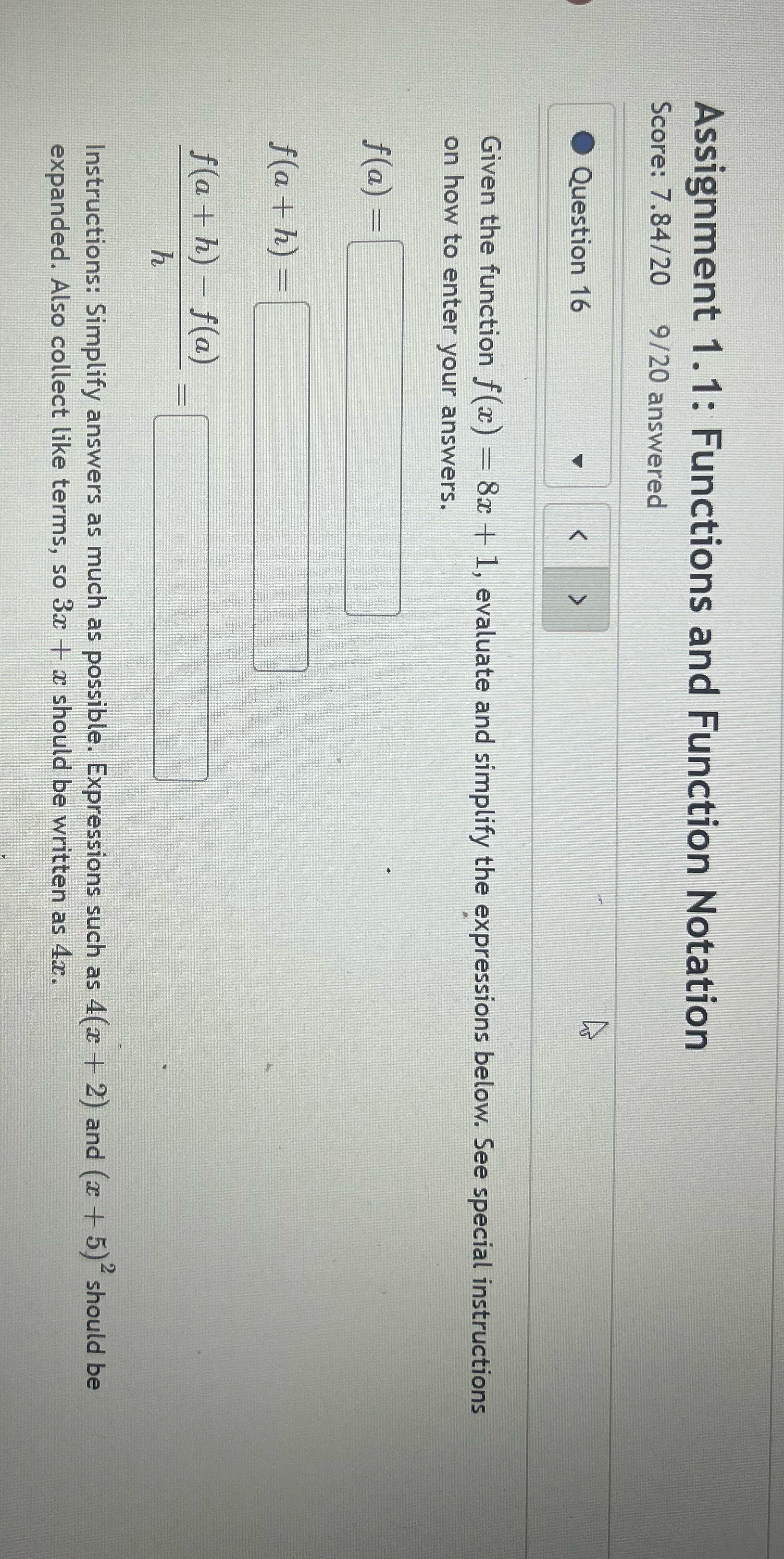 Please answer the question below Assignment 1.1: Functions and Function Notation Score: