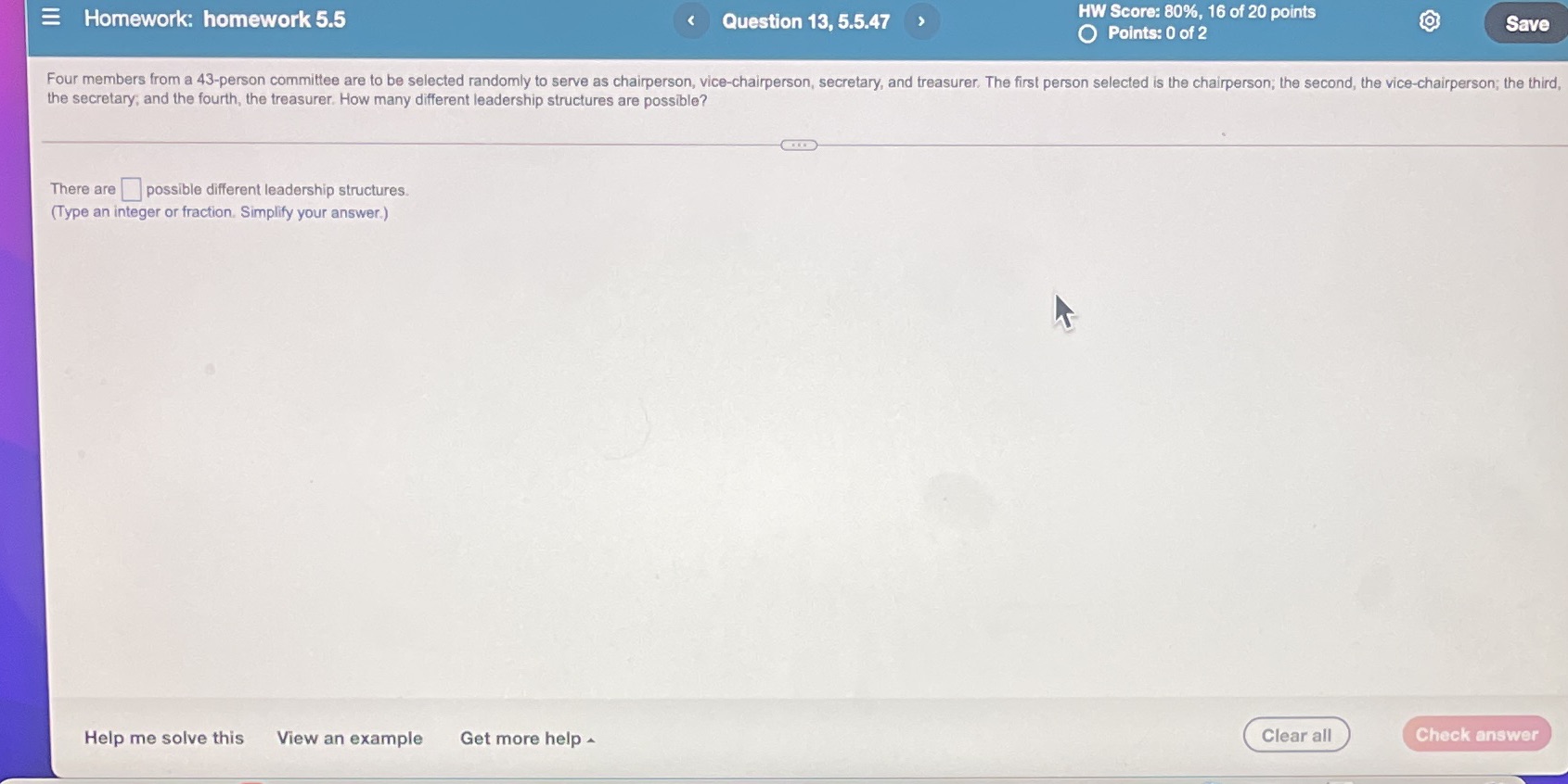 Homework: homework 5.5 HW Score: 80%, 16 of 20 points Question 13,