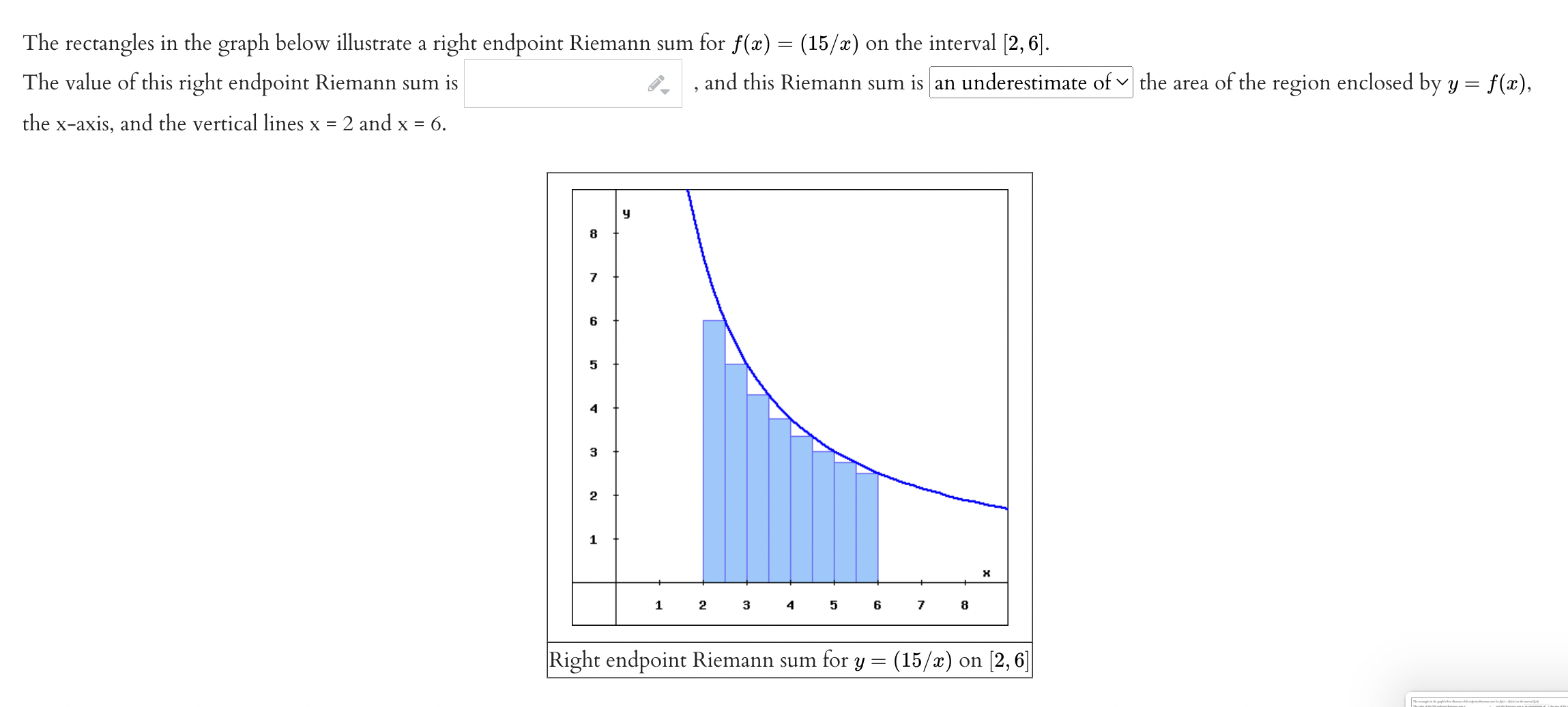 sum for at) = (15 / as) on the interval [2, 6].