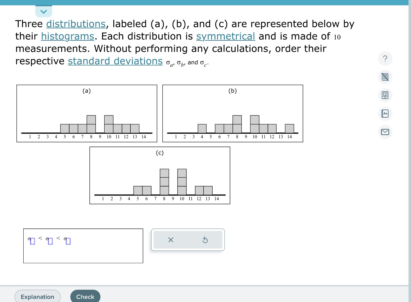 Three distributions, labeled (a), (b), and (c) are represented below by