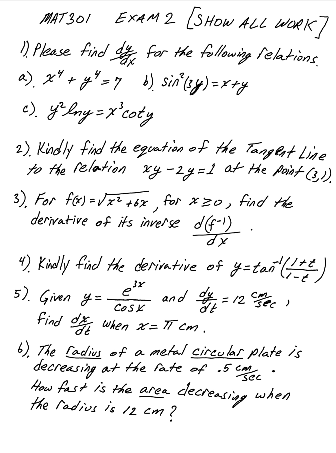 dy for the following relations. a ) x " + y" =
