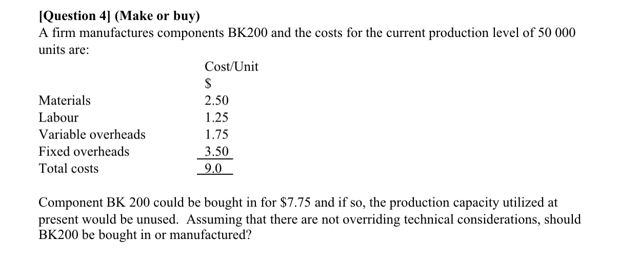  [Question 4] (Make or buy) A rm manufactures components BK200 and