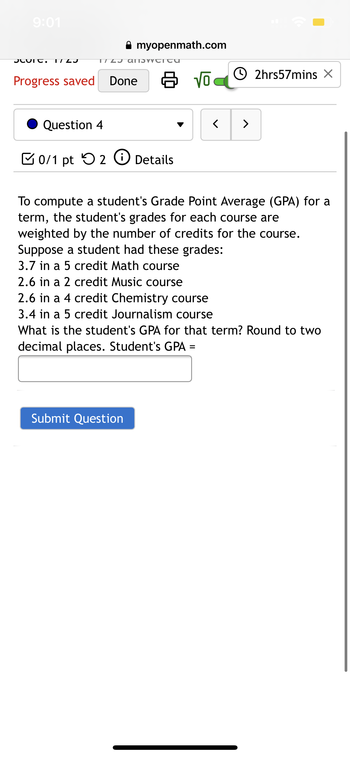 = i myopenmath.com Progress saved Done - (E) 1'6ng 2hr555mins X 0