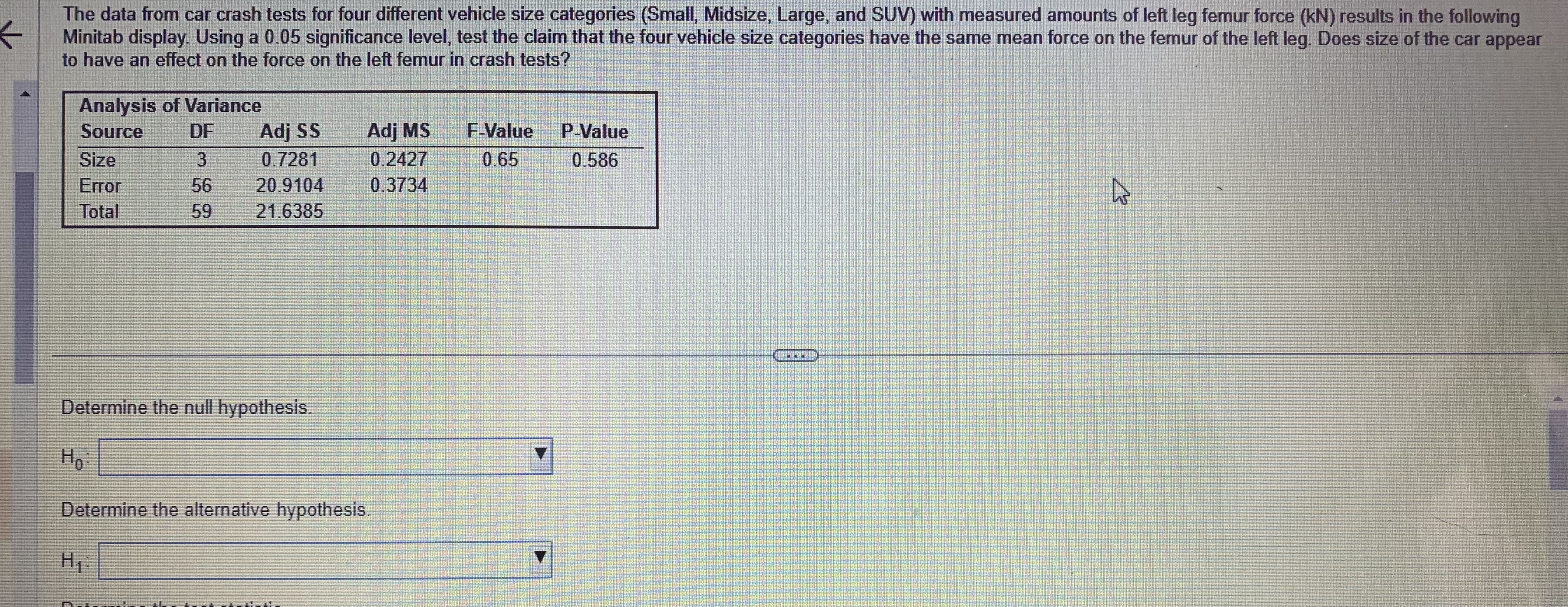 significance level, test the claim that the four vehicle size categories have