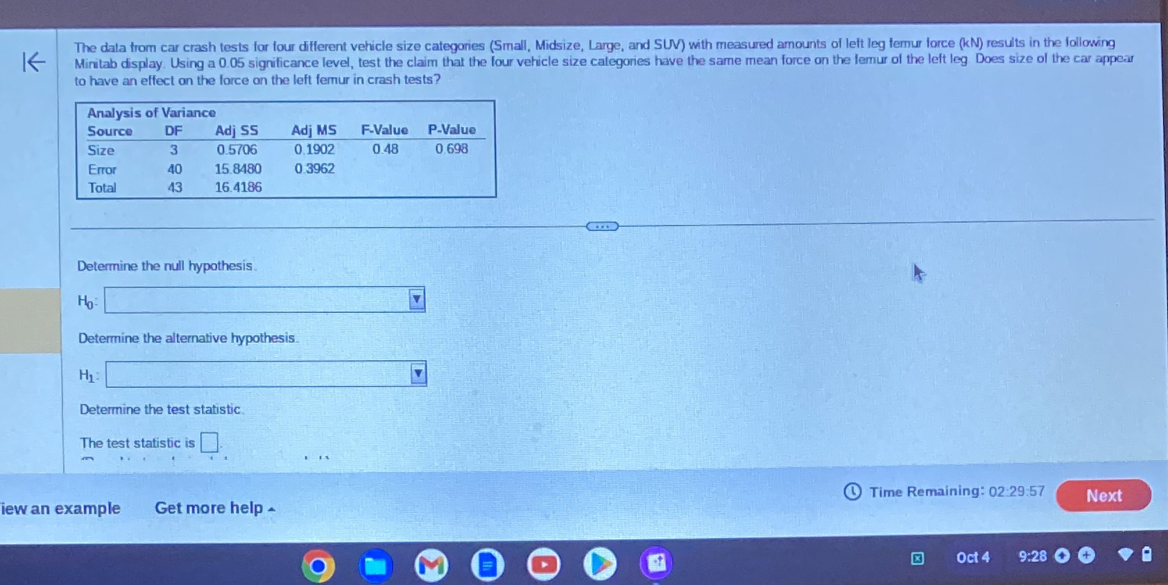 The data from car crash tests for four different vehicle size