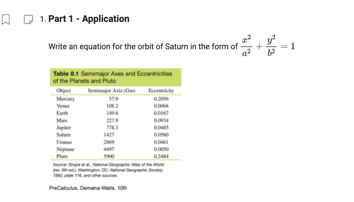 orbit of Saturn in the form of 62 = 1 Table 8.1