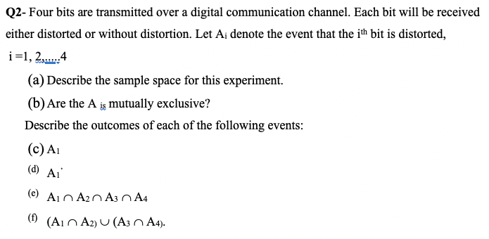 Four bits are transmitted over a digital communication channel. Each bit will