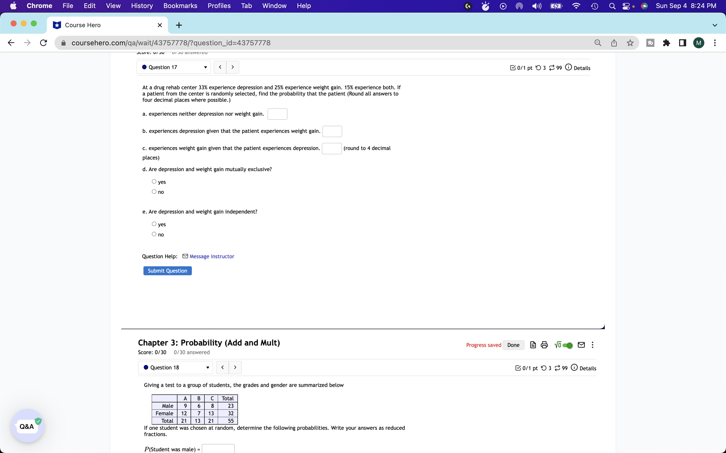 is chosen at random, Find the probability that the student was male