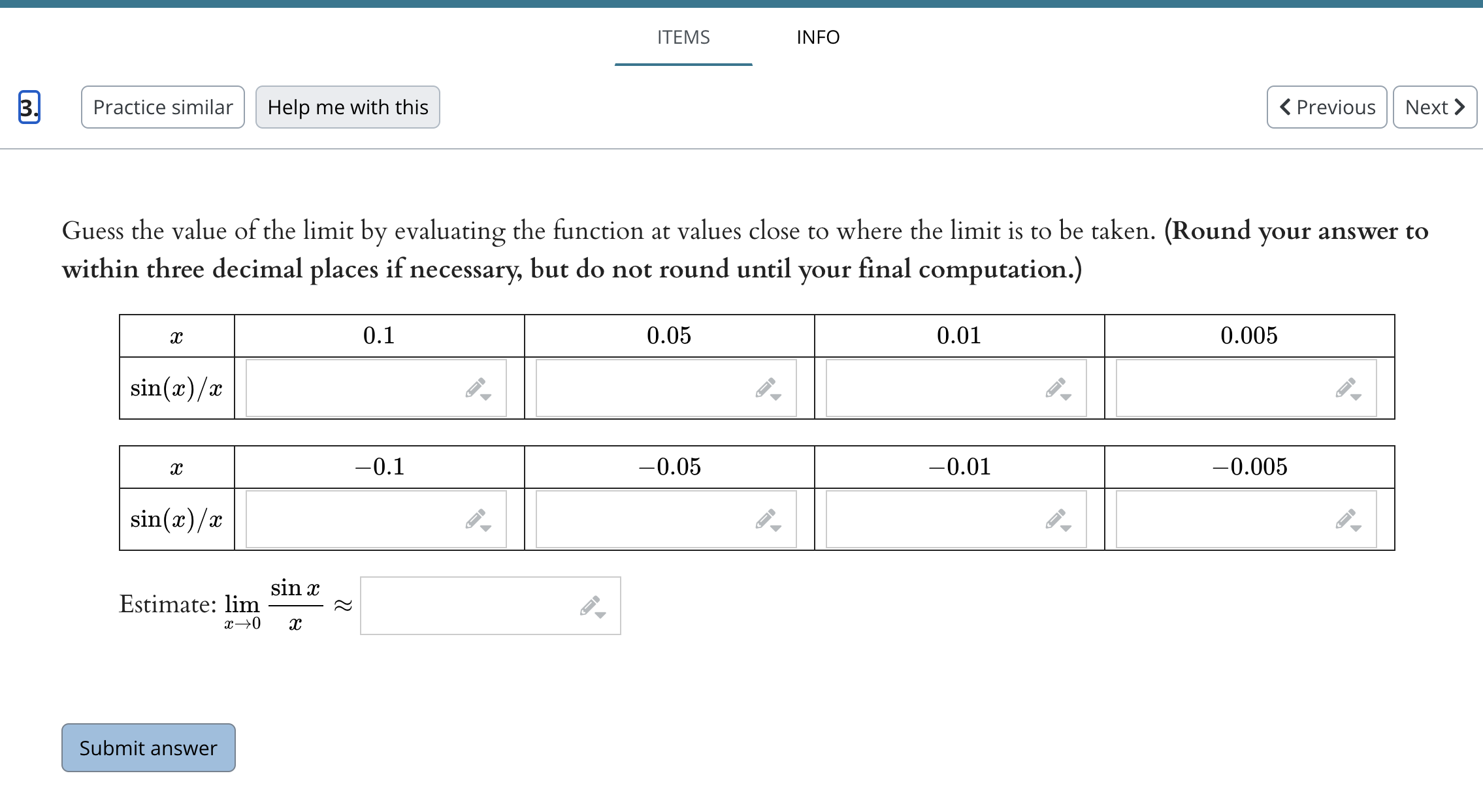 me with this ( Previous Evaluate the following limit. Give an exact
