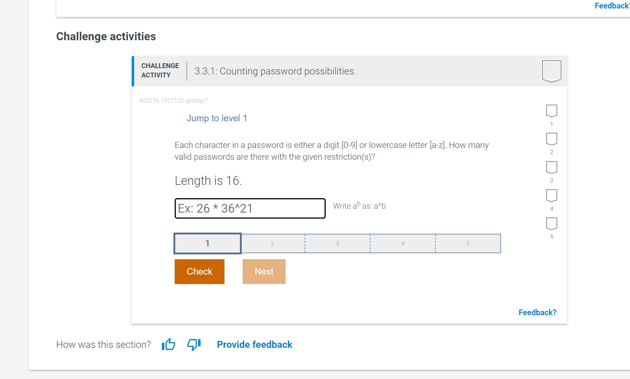 3.3.1: Counting password possrbilities. D 4022161927122 quzqy7 Jump to level 1 7'