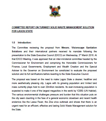 COMMITTEE REPORT ON TURNKEY SOLID WASTE MANAGEMENT SOLUTION FOR LAGOS STATE