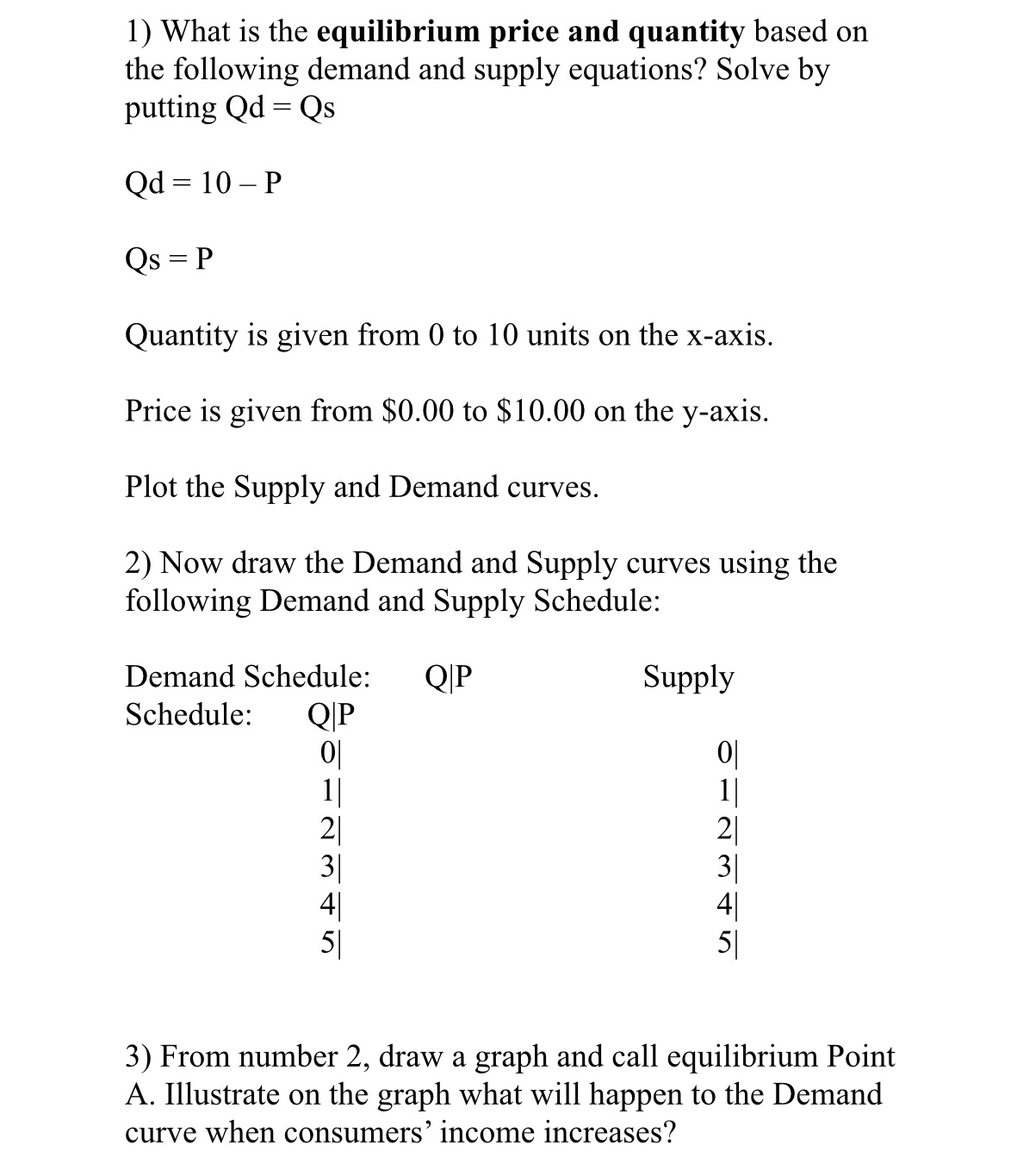 1) What is the equilibrium price and quantity based on the